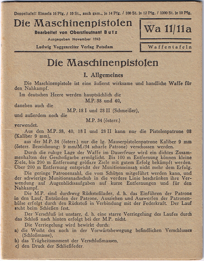Die Maschinenpistolen Wa 11/11a Waffentafeln – Ludwig Voggenreiter Verlag Potsdam