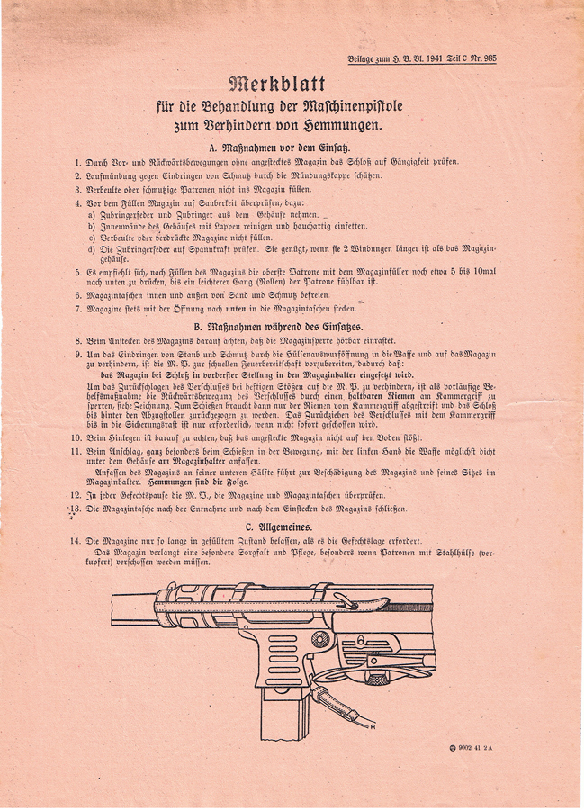 Insert to the Merkblatt für die Ausbildung mit der Maschinenpistole 38 und 40 (M.P. 38 u. 40.) Merkblatt für die behandlung der Machinepistolen zum verhindern von Hemmungen.