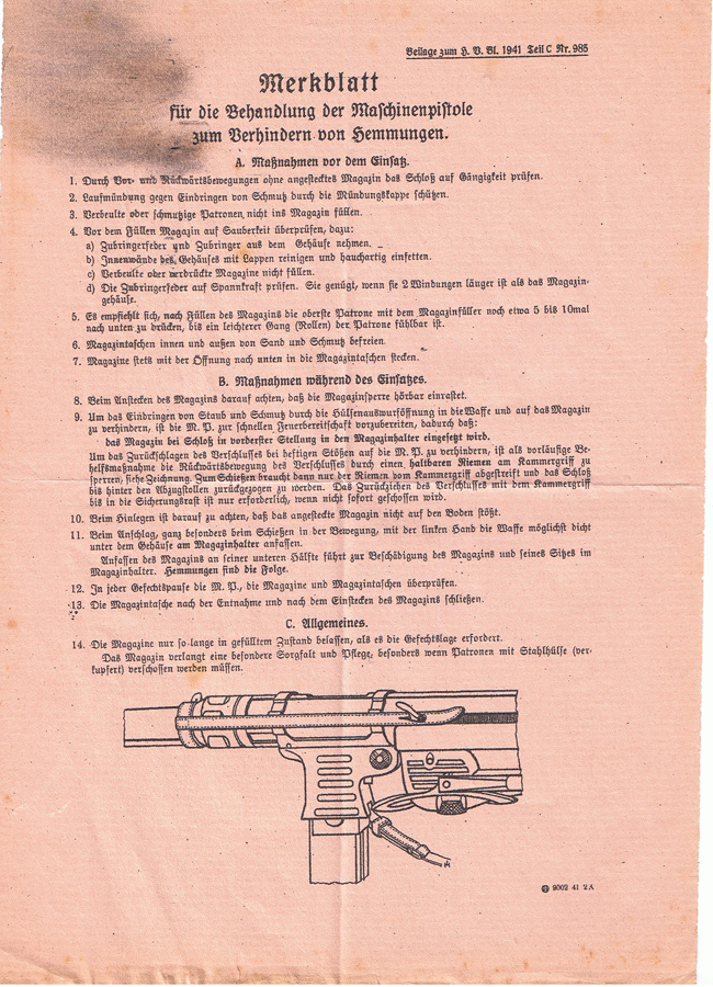 Instruction sheet for handling the machine pistol to prevent jamming